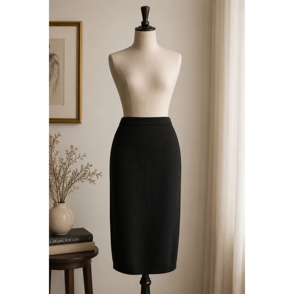 Vintage‎ German Wool Knit Pencil Skirt Black Minimalist Quiet Luxury Midi